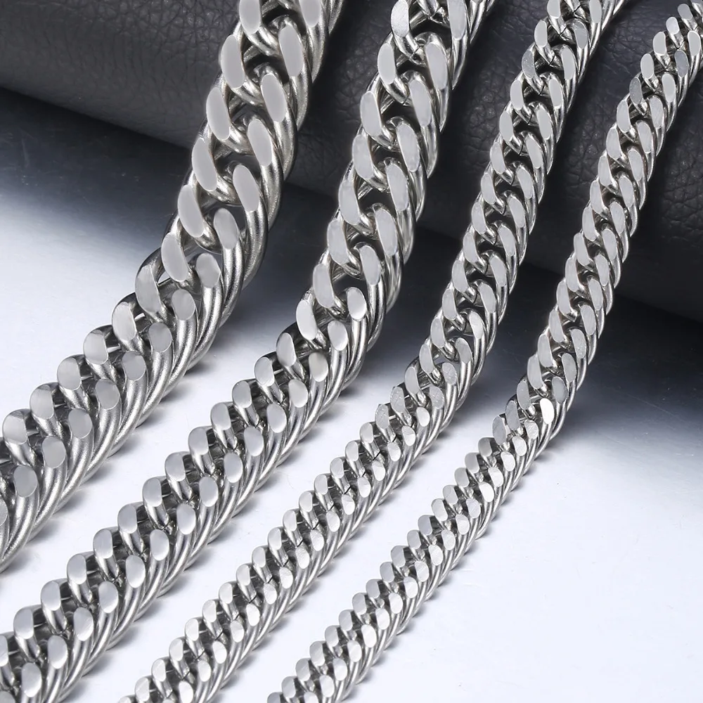 

7-15mm Men's Stainless Steel Necklace Silver Color Curb Cuban Link Chain Necklace Male Collar Fashion Jewelry 18-36" KNM33