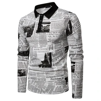 

Newspaper Print Polo Shirt Men Long Sleeve Patch Collar Creative Polo Shirts Camisa Polos Masculina Soft Casual Tee Shirt Homme