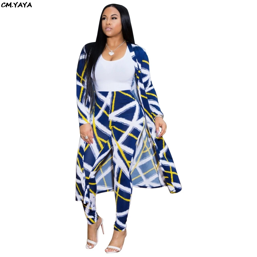

2019 New women summer striped geometric print long sleeve x-long cloak top & pants suit two piece set tracksuit outfi GLYM8409