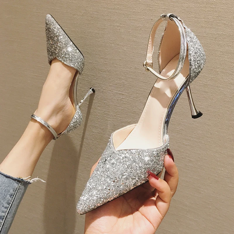 

2019 fashion new wild silver word buckle high heel women's fine with pointed temperament sequins banquet crystal shoes women