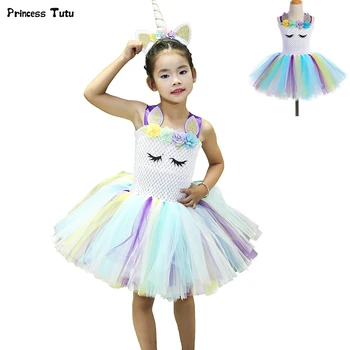 

Kids Girls Unicorn Tutu Dress Princess Tulle Flower Birthday Party Tutu Dresses for Girls Children Cosplay Unicorn Costume 1-14Y