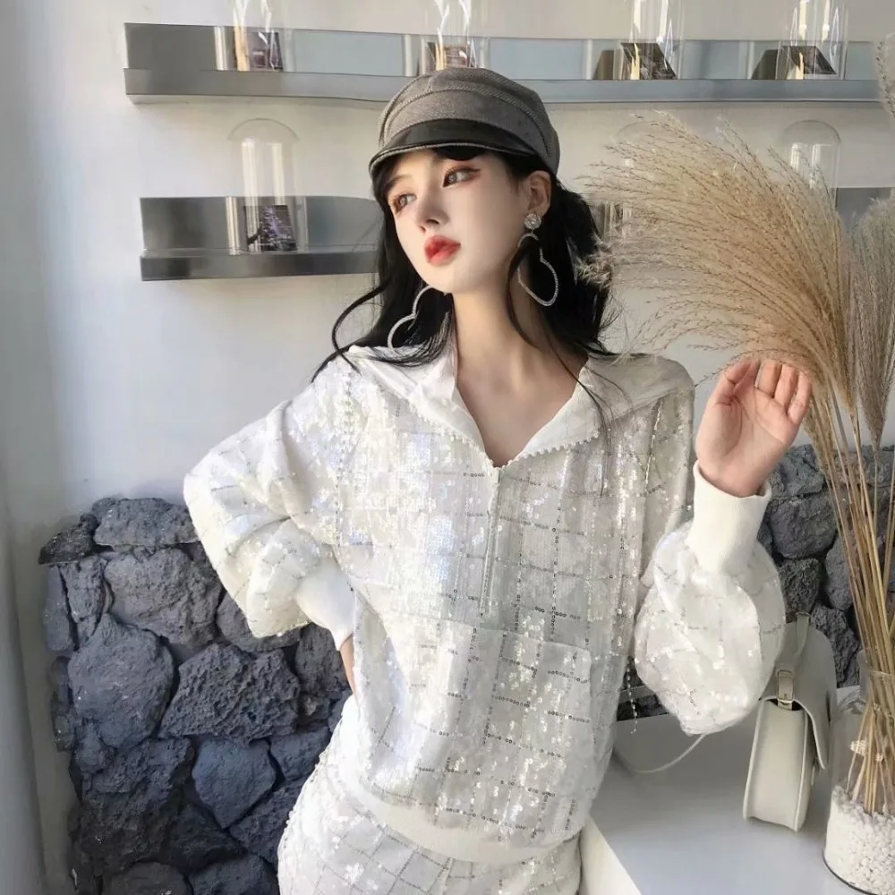 WHITNEY Ван 2018 Осенняя мода уличная Bling Блестки плед с капюшоном и брюки костюмы Для