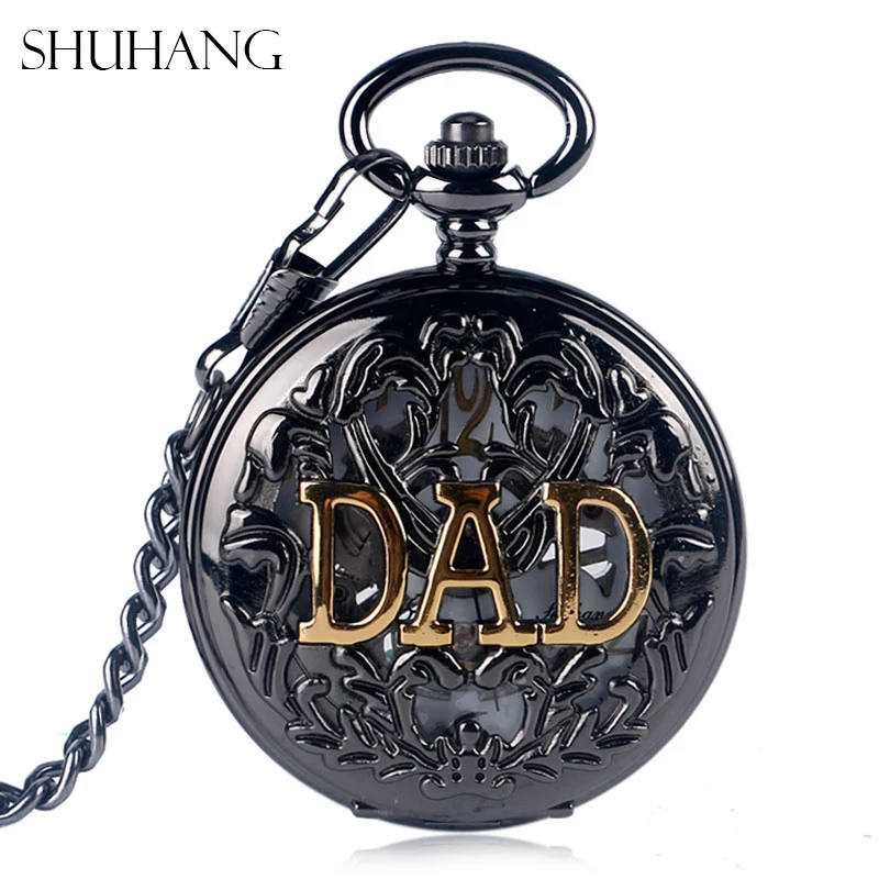 

SHUHANG Steampunk Hollow DAD Vintage Black Mechanical Watches Father Mens Pocket Watch with Chain Father's Day Birthday Gifts