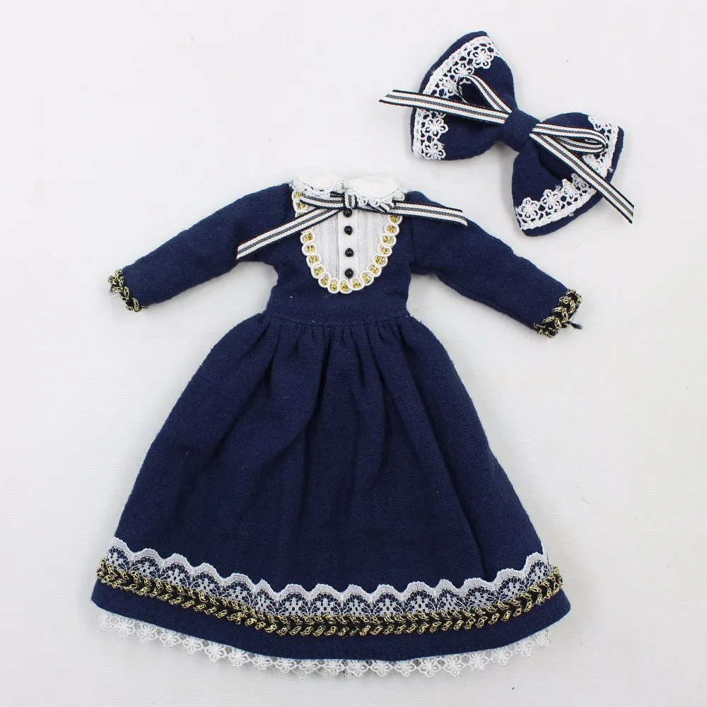 free shipping only for blyth doll icy deep blue dress outfit with headdress