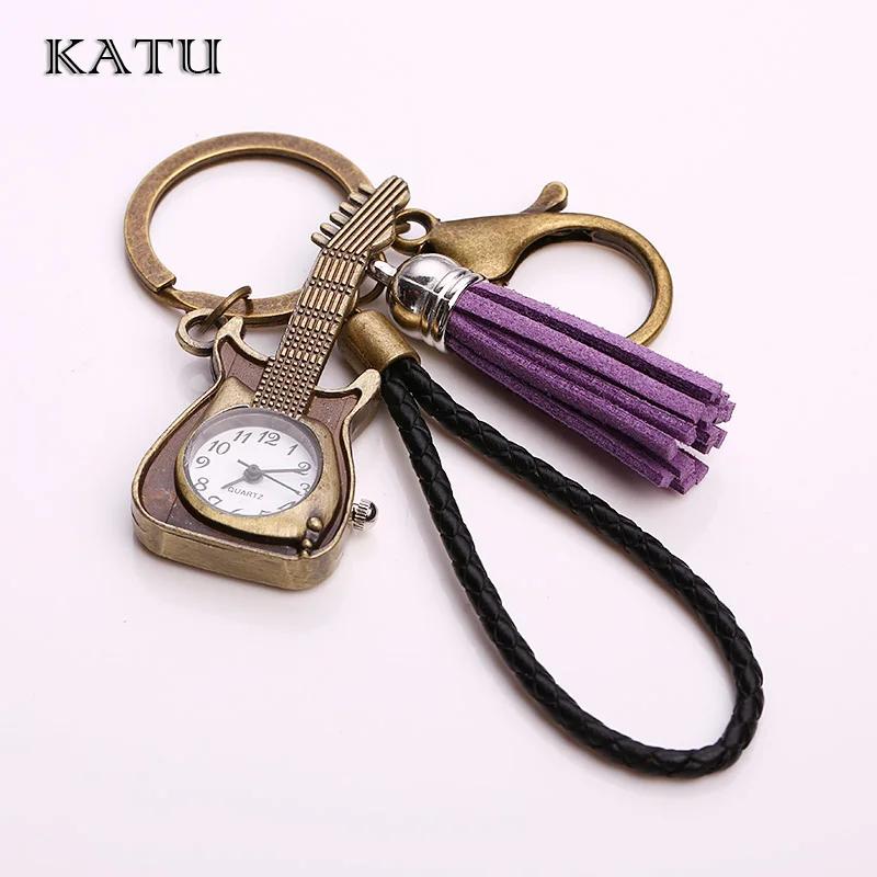 Katu Metal Guitar Pocket Watch Keychain Vintage Fashion Leather Tassel Key Holder Car Ring Key