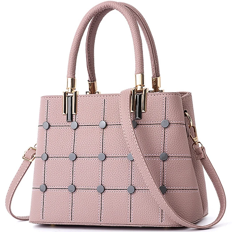 LJL-Handbag Plaid Rivet Handbag Female Shoulder Bag High Leather Wallet