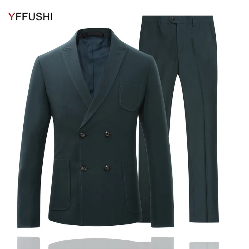YFFUSHI 2018 Fashion Men Suit 2 Pieces Double Breasted Green Khaiki Black Yellow Suit Coats England Slim Fit Casual Style england style slim fit suit black size l
