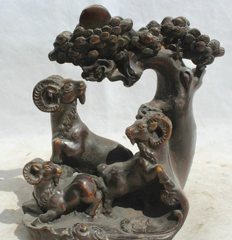 

song voge gem S1850 8" Chinese Bronze Folk Fengshui Zodiac Year three Sheep Goat Statue sculpture