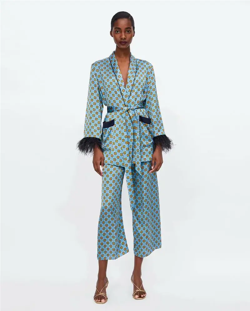 2019 Новое поступление синий печатных кимоно куртка с перо рукава широкие брюки свободные Cuasal мотобрюки для женщин Винтаж костюмы