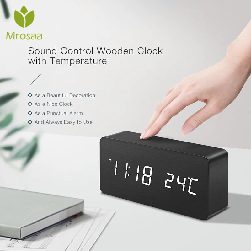 

LED Wooden Alarm Clock Watch Table Voice Control Digital Wood Despertador Electronic Desktop USB/AAA Powered Clocks Table Decor