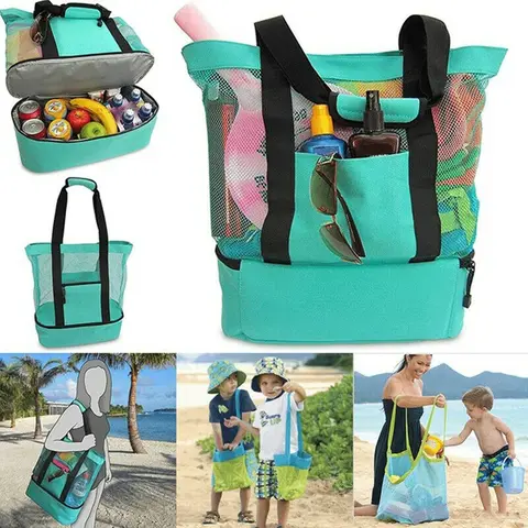 Bolsa de Malha Handheld Almoço Bolsa Refrigerador Piquenique Praia Tote Comida Bebida Armazenamento au
