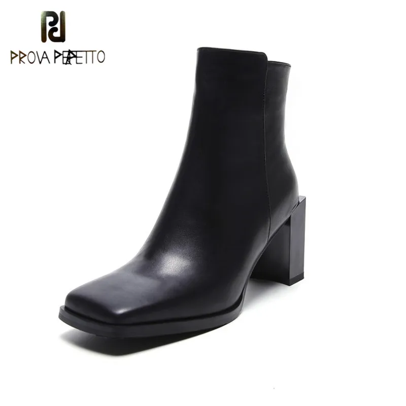 

Prova Perfetto Elegant New Design Woman Ankle Boots Soft Solid Color Knight Boots Square Toe Thick Heels Cow Leather Woman Boots