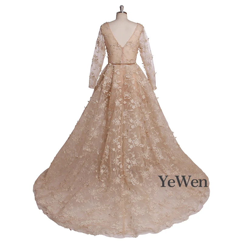YeWen Muslim Evening dress Long Sleeves Lace Evening Dresses 2019 New Flowers Lace Appliques V-Neck Pearls Fashion Prom Gowns YeWen Muslim Evening dress Long Sleeves Lace Evening Dresses 2019 New Flowers Lace Appliques V-Neck Pearls Fashion Prom Gowns