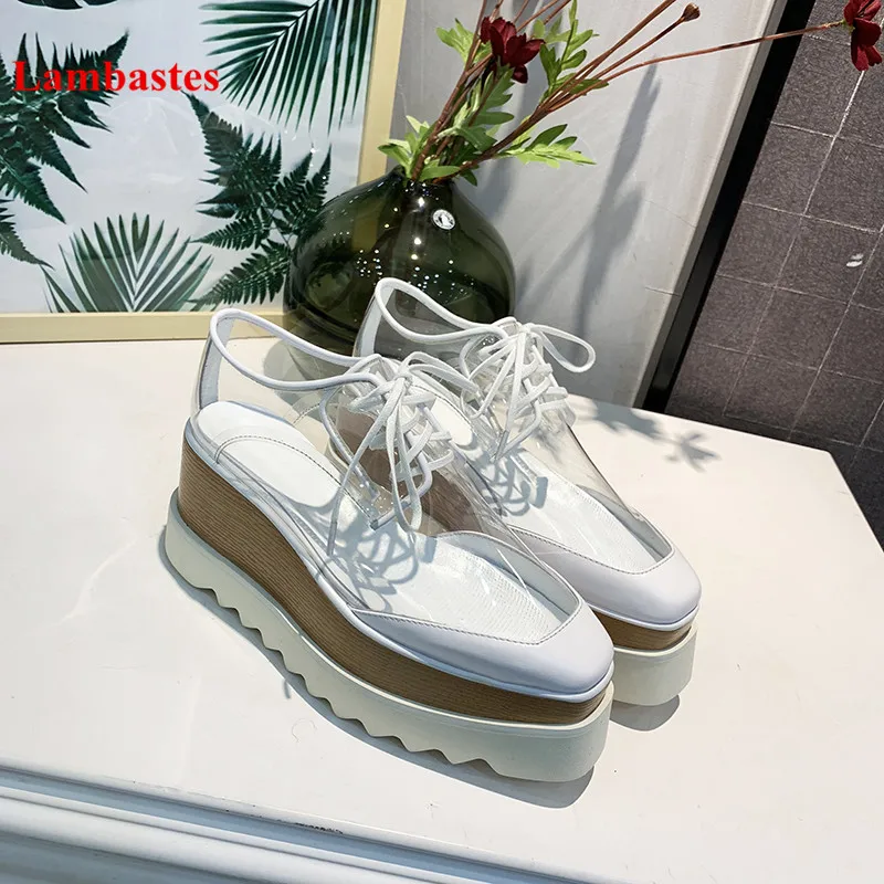 

Spring Hot Shoes Woman 2019 Transparent PVC Designer Lace Up Women Pumps Thick Bottom Platform Wedges Shoes Chaussures Femme