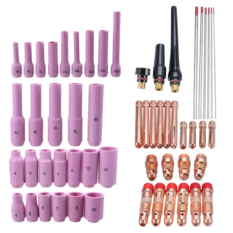 56Pcs TIG Welding Torch Kit Nozzle Collet Stubby Gas Lens Glass Cup WP17 WP18 WP26 WT20 Tungsten