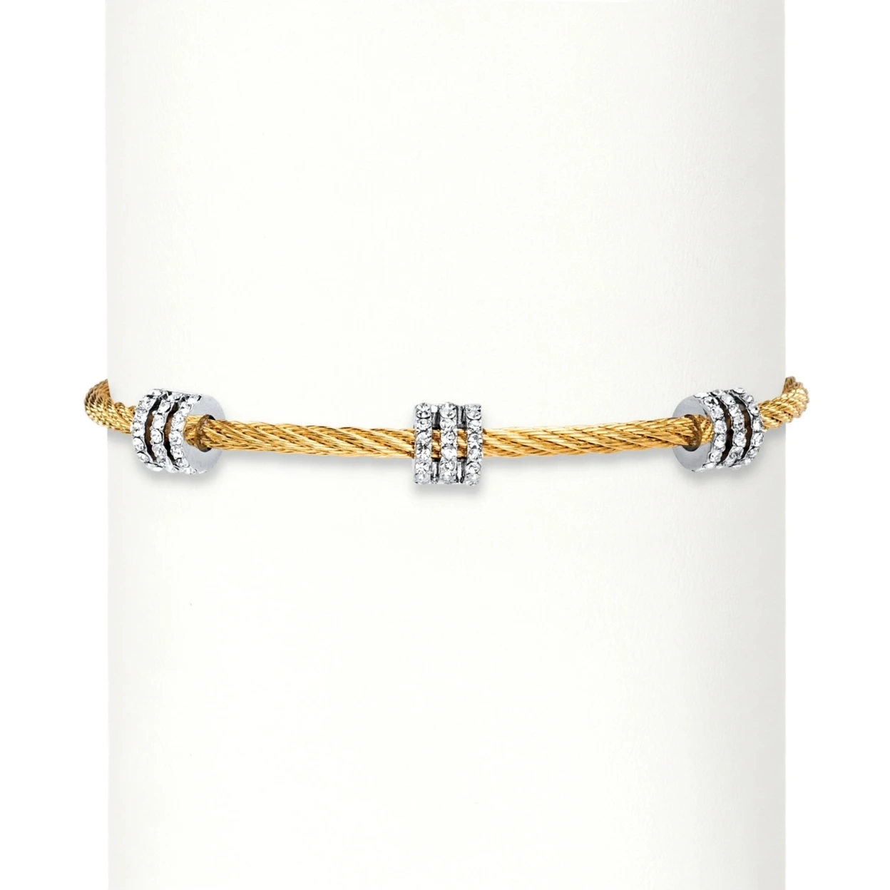 Cubic Zirconia Silvertone and Gold Tone Barrel Bead Magnetic Twisted Cable Bracelet 7 (.72 cttw) (2)