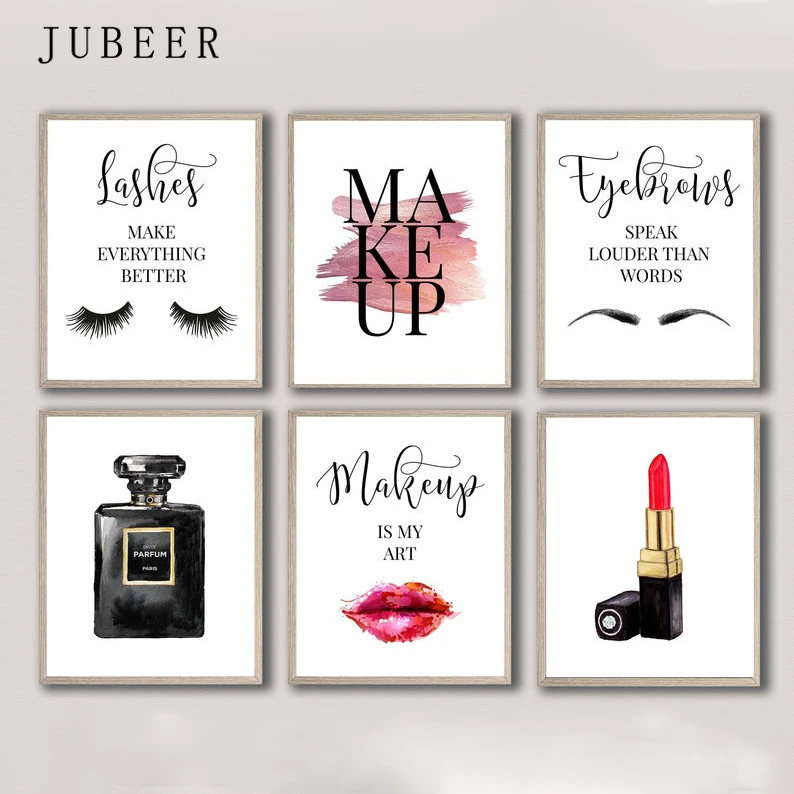

Perfume Make Up Posters and Prints Beauty Begins Quote Wall Art Print Eyelash Lipstick Pictures Bedroom Decoration Home Decor