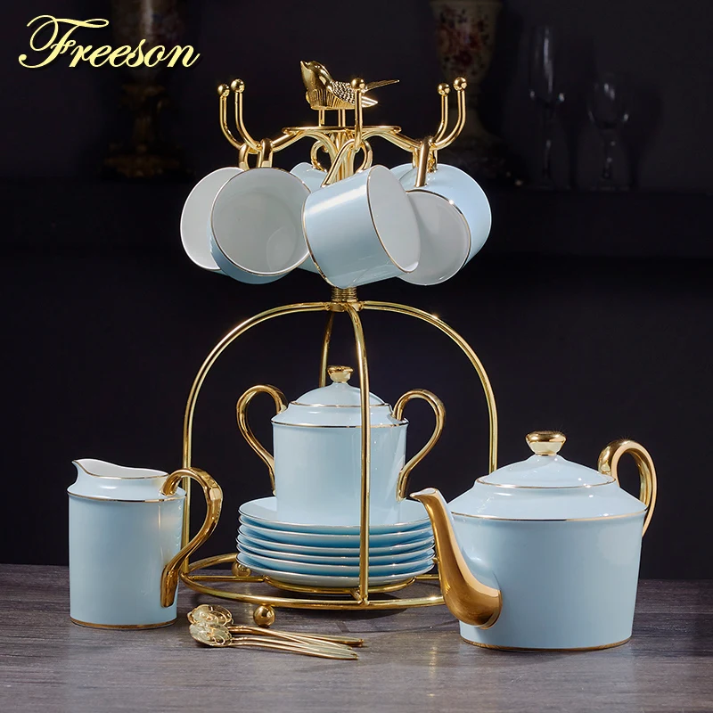 

Gold Blue Bone China Coffee Set Luxury Porcelain Noble Tea Set Advanced Pot Cup Ceramic Mug Sugar Bowl Creamer Teapot Drinkware