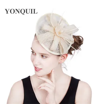 

elegant ladies beige fascinators hat wedding accessories sinamay fancy feather cocktail headpieces headwear high quality SYF208