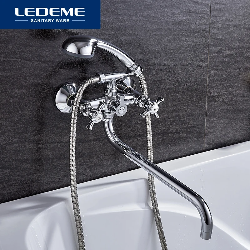 Billig LEDEME Badewanne Armaturen Lange Wasser Outlet Einfache Stil Heiße Und Kalte Wasser Mischer Bad Wasserhahn Wasserhahn Dusche Bad Armaturen L2611