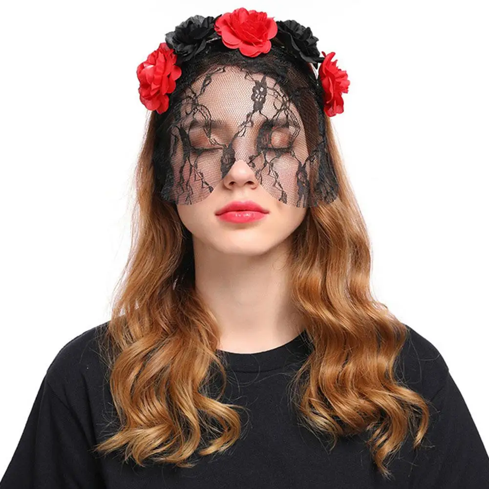 Rose Flower Lace Veil Halloween Headband Party Christmas Festival Hair
