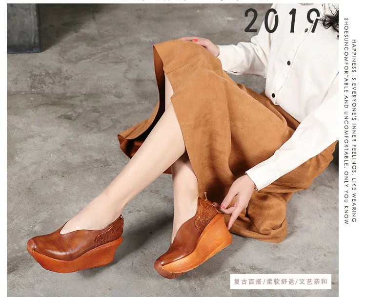Г., женские туфли-лодочки на платформе оригинального дизайна женская обувь ручной работы из натуральной кожи на толстом каблуке в стиле ретро туфли-лодочки на танкетке