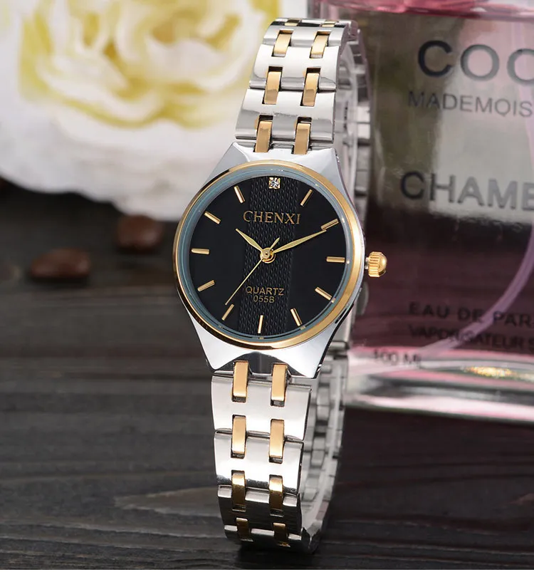 CHENXI брендовые популярные золотые женские кварцевые часы, женские часы со стальным ремешком, женские модные повседневные часы с кристаллами, Подарочные наручные часы - Цвет: B Silver Black