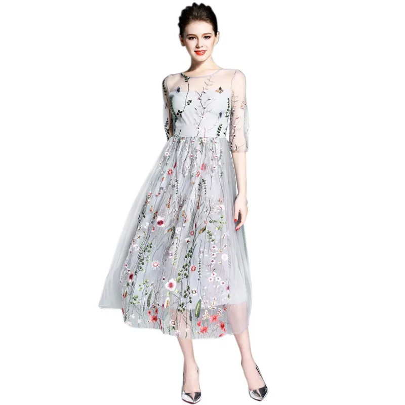 

Women Mesh Dresses Gorgeous Sheer Embroidery Long Dresses Bohemian Dress Vestidos