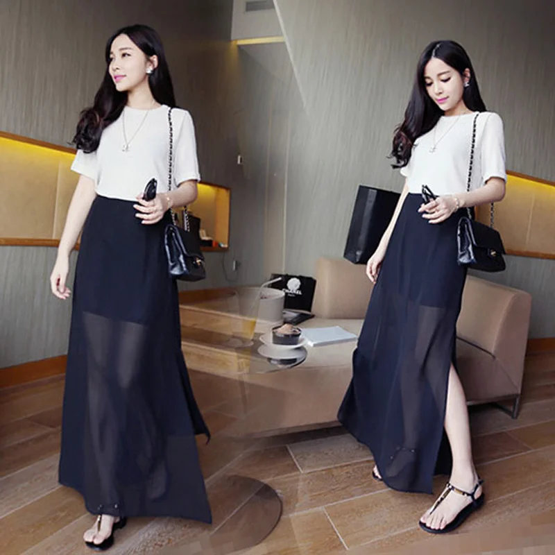 South Korea chiffon skirts sexy black skirt cultivate students split
