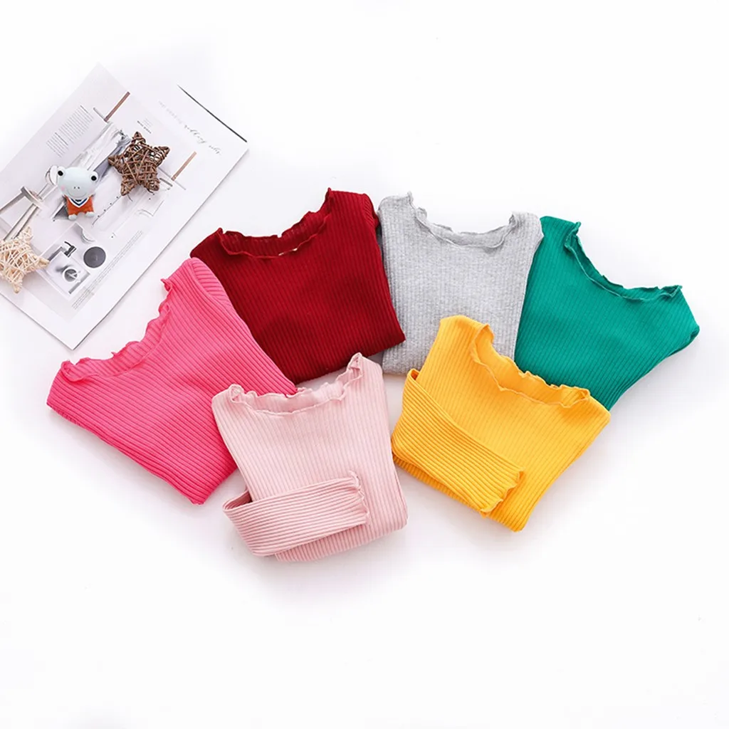 Одежда для маленьких девочек Детская осенняя Однотонная футболка с длинными рукавами футболка с волнистым краем для маленьких девочек топы, одежда