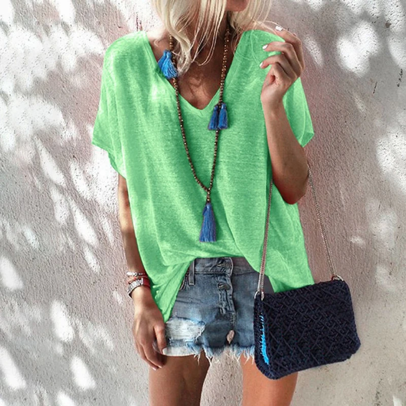 

2019 Newest Fashion Women Soft T-Shirts Summer Fashion Short Sleeve V Neck Casual Tee Tops Female Loose T Shirt Women Tops 5XL