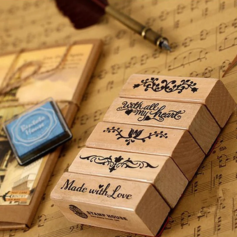  WHISM Vintage Wooden Stamps Retro Rubber Stamps DIY Scrapbooking Craft Made with Love Wood Stamp We - 32948368369