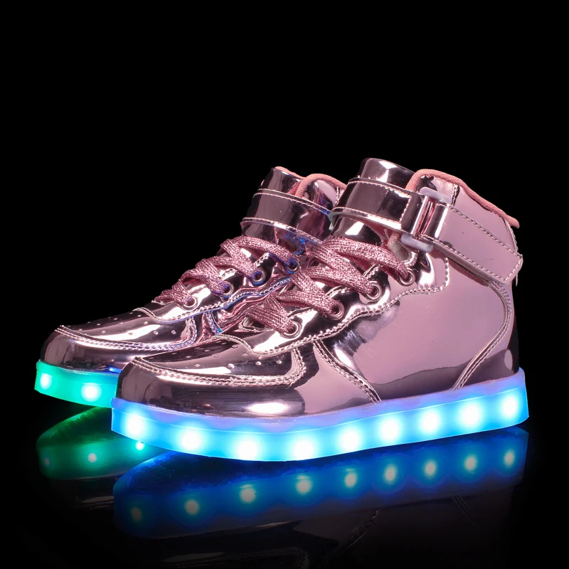 Обувь с высоким берцем для мальчиков и девочек; 7 цветов; обувь с подсветкой для детей; цвет белый, черный; светящиеся фонарики; обувь на плоской подошве; Светодиодный светильник; chaussure; детская обувь - Цвет: 519 Mirror Pink