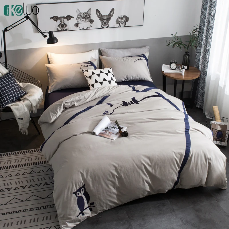 

KELUO European Embroidery Owl Silver Bedding Set Colour Duvet Cover Set 100% Cotton Bed Set With Flat Sheet