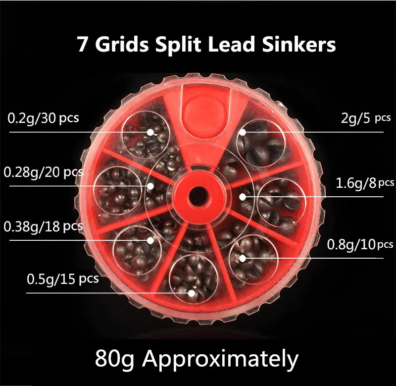57 Sizes Mini Round Split Lead Sinkers Set Fishing Lead Weights in Fishing Accessories Box 0.2g 0.28g 0.38g 0.5g 0.8g 1.6g 2 (2)