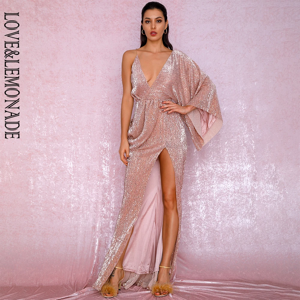 Most Popular J2Eco LOVE&LEMONADE Sexy Rose Gold V Neck Single Sleeve Sequins Split Party Maxi Dress LM81848 Autumn/Winter