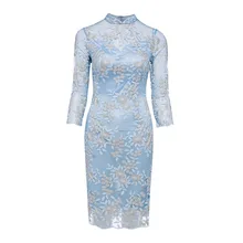 Dressv Элегантное коктейльное платье голубое с высоким воротом 3/4 рукава длиной до колена облегающее свадебное платье для девушек короткое коктейльное платье