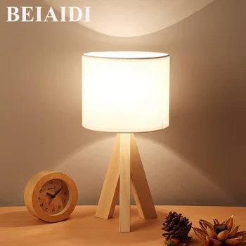 

BEIAIDI 5W Wooden Table Lamp With Linen lampshade Nordic Bedroom Bedside Table Lamp With E27 Bulb Festive Bedside Home Lighting