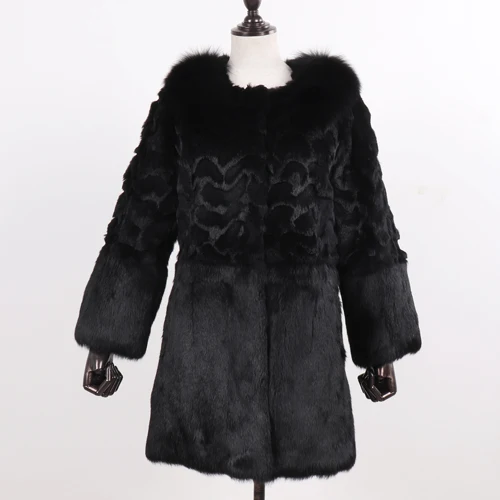 Новое поступление, зимняя длинная куртка с натуральным кроличьим мехом, женская теплая куртка с меховым воротником из лисьего меха, шуба из натурального меха - Цвет: black