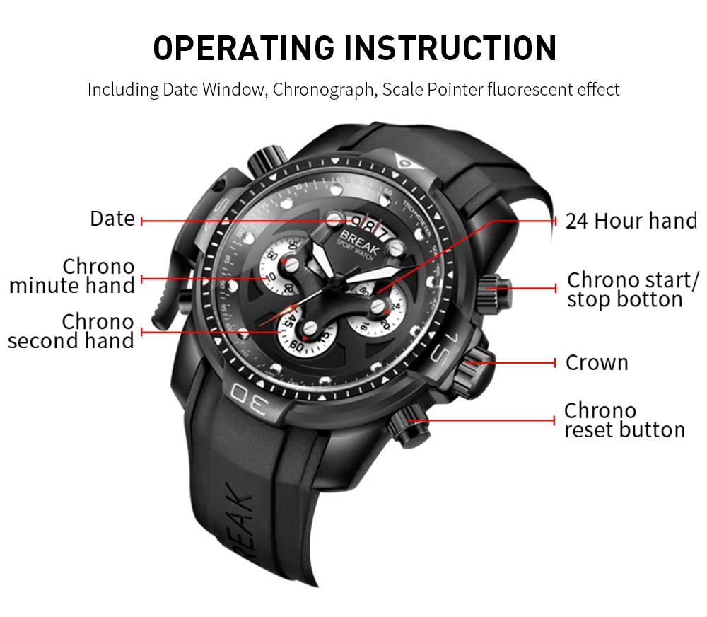 Мужские Аналоговые кварцевые часы с хронографом с автоматической датой, светящиеся стрелки, водонепроницаемые наручные часы с силиконовым резиновым ремешком, мужские часы