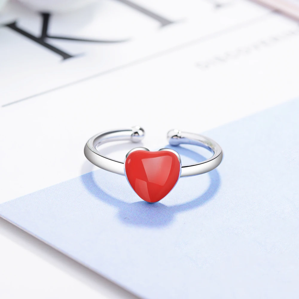 ANENJERY Simple Red Heart Ring For Women Girl Adjustable 925 Sterling Silver Rings S-R470