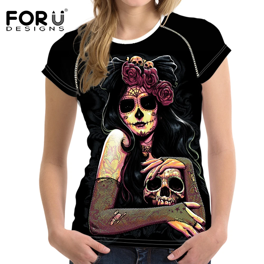 FORUDESIGNS 2019 Dámské letní černé tričko s dlouhým rukávem Tílka s dlouhým rukávem Cool Skull Head Prints Woman Casual Shirts Elastic Slim Female Shirts Tees