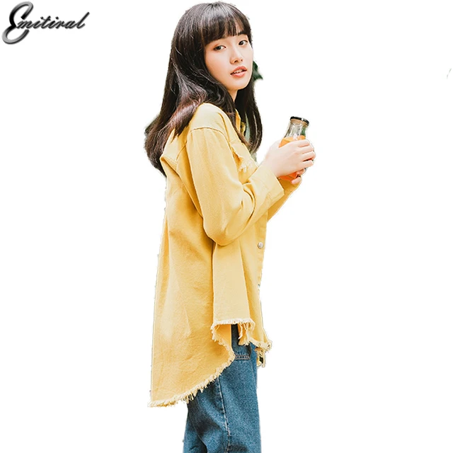 Emitiral Autumn Cotton Denim Women Jacket 2017 Long Sleeves Plain Casual Female Outwear Pink White Women Coat Jeans Jackets 1