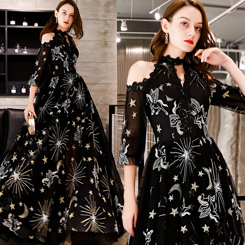 SSYFashion новое черное вечернее платье Холтер Половина рукава длиной до пола пайетки Блестящие платье для выпускного бала сделано Вечерние