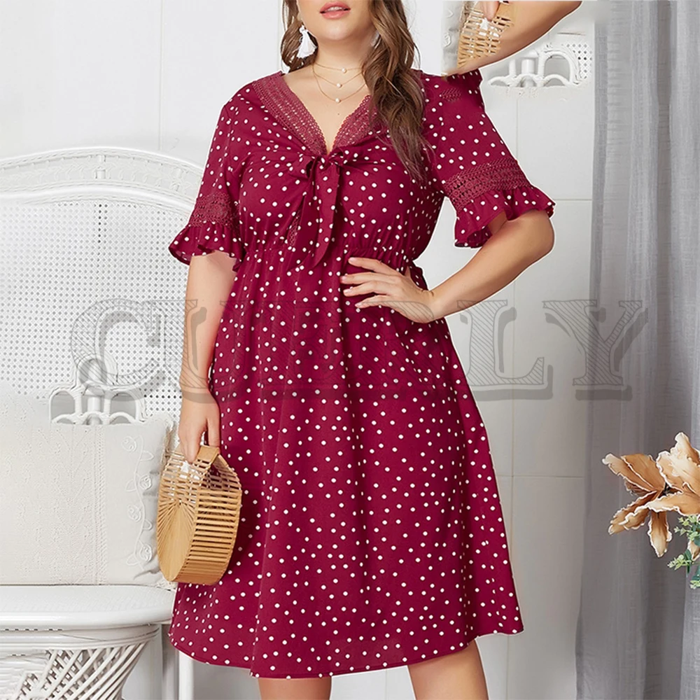 

CUERLY Elegant bow tie v-neck plus size women dress Polka dot A-line lace hem high waist lady dress Ruffled short sleeve dress