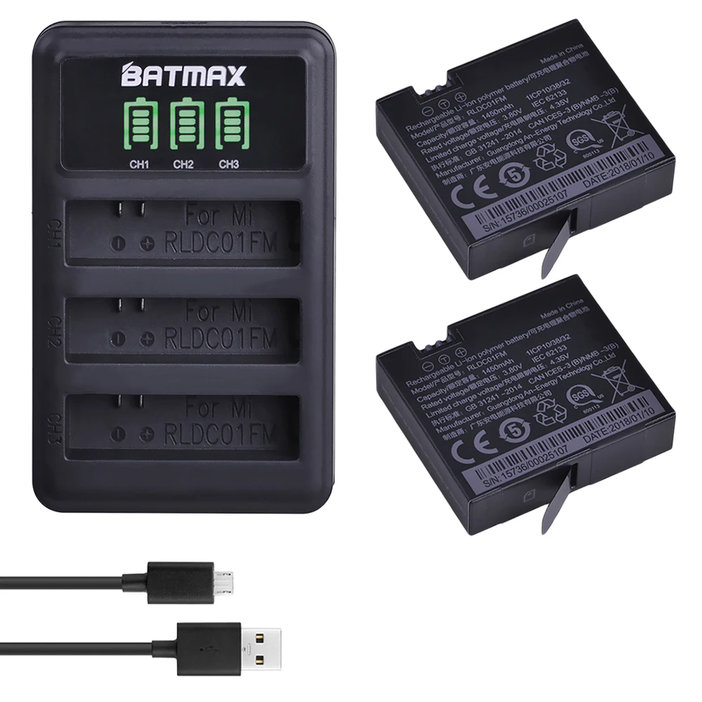 Batmax 2 шт 1450 мАч Mijia аккумулятор+ светодиодный 3 слота USB зарядное устройство для Xiaomi mijia мини спортивные экшн-камеры