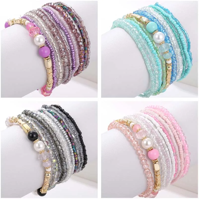 

New Spring Summer Fashion Women's Bracelet Set 10Pcs/Lot Crystal Charm Seeded Beads Bracelet Bangle Sets Jewelry For Ladies