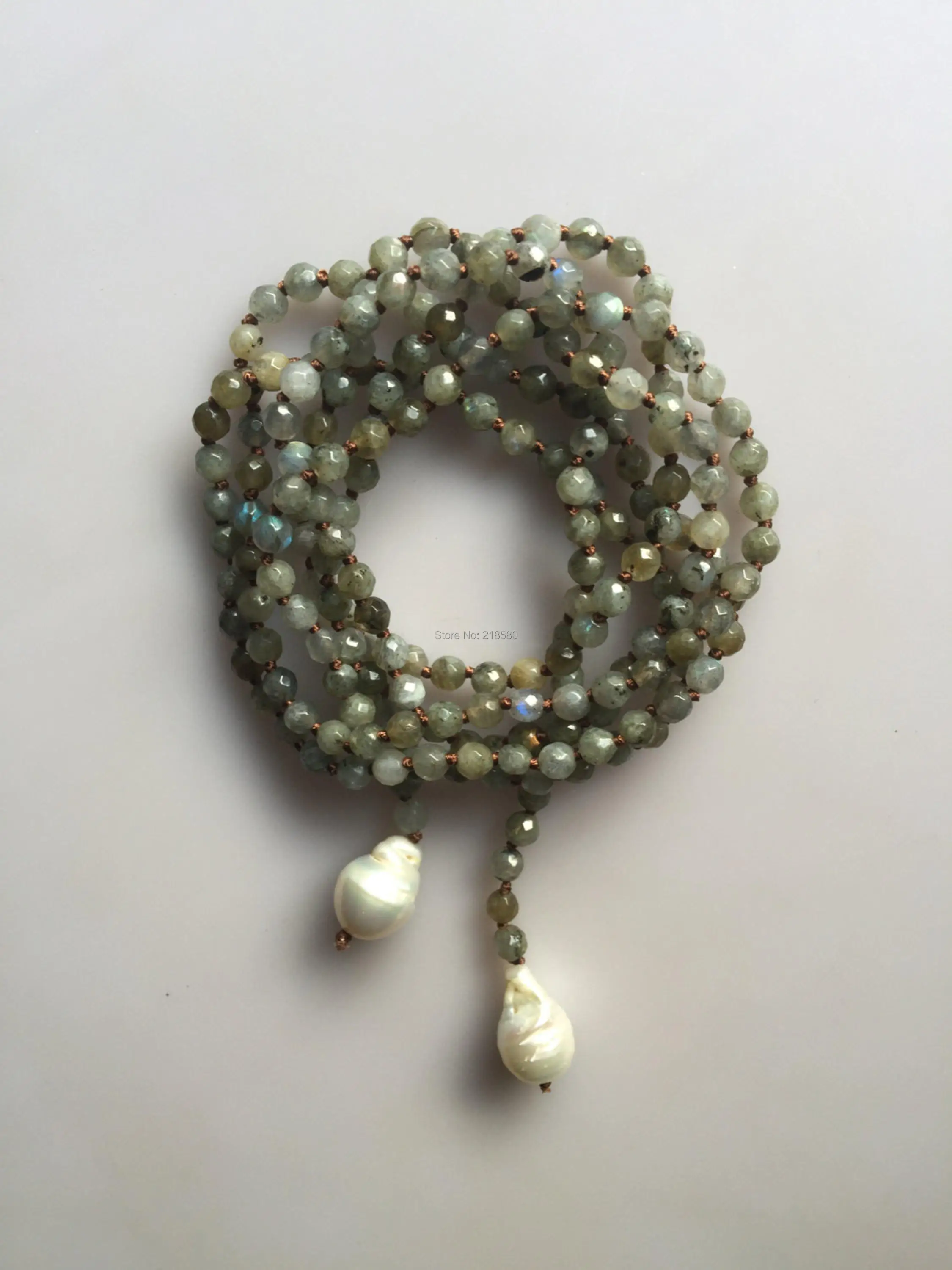 N16101211 Labradorite Beads Knot Necklace Lariat Freshwater Baroque