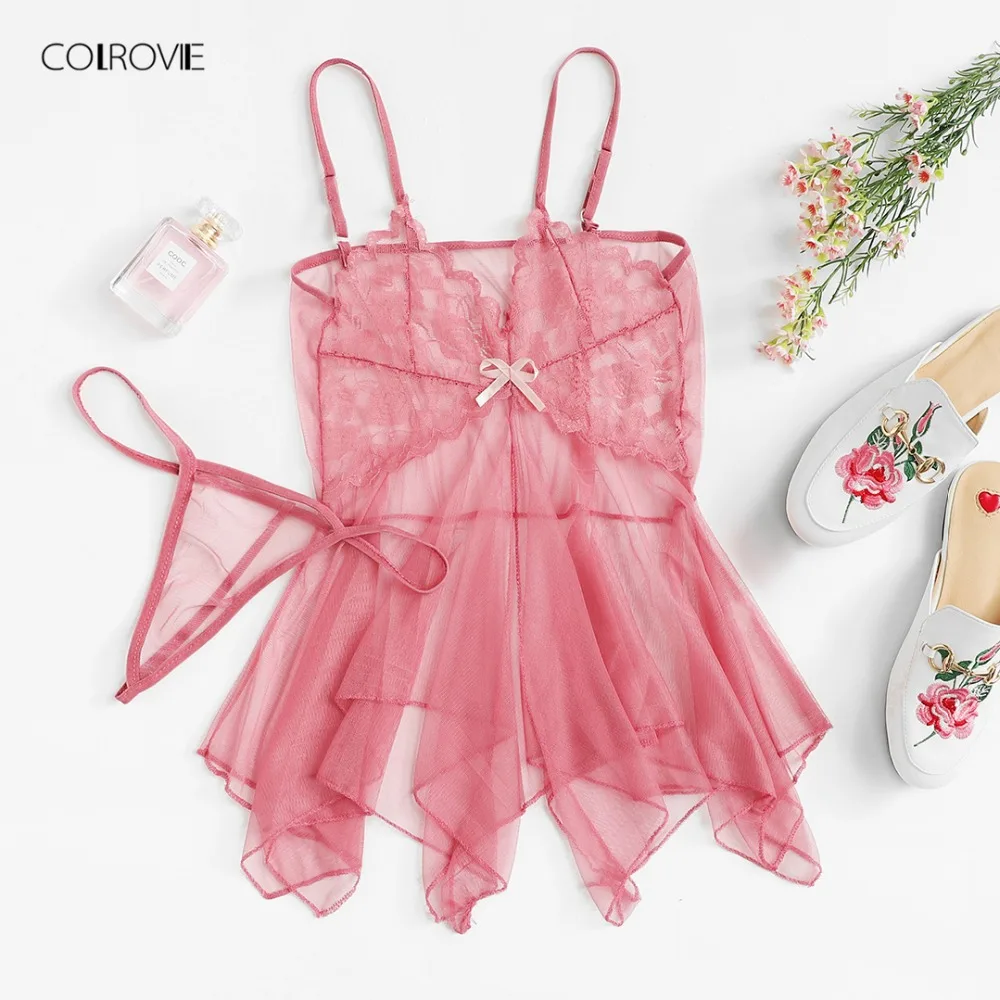 

COLROVIE Asymmetric Mesh Tie Summer Night Set 2018 New Purple Lace Women Romantic Nightgowns Sleeveless Sexy V-Neck Sleepwear