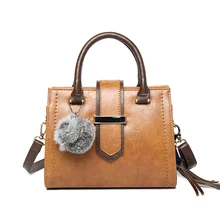 

Vintage Women Bags Leather Fur Ball Ladies Handbags Luxury Brand Women Leather Handbag Vintage Designer female shoulder bag 2018